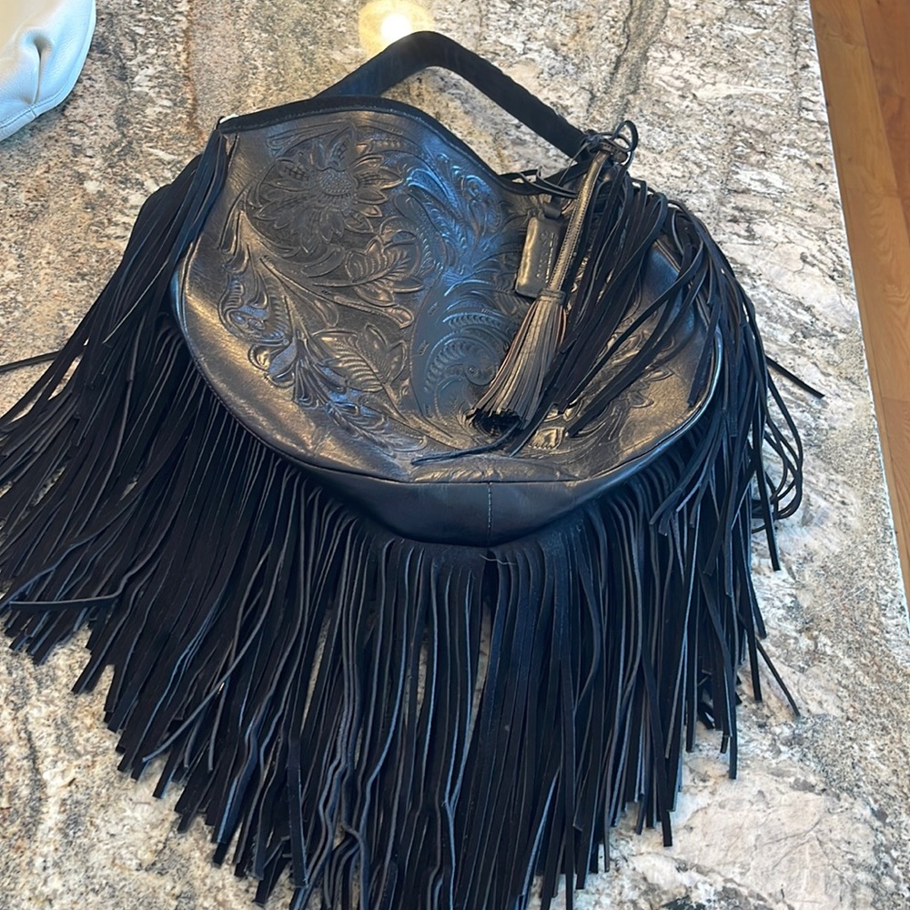 Genuine leather black fringe hobo bag from Sayulita Mexico!